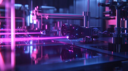Visualization of quantum research experiments, showing qubits interacting and emitting light in a laboratory environment