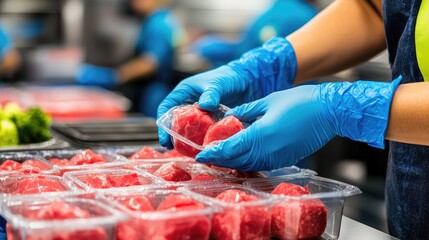 Worker packaging fresh meat in a food processing facility