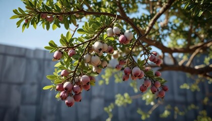 Fototapeta premium Low angle view of Arctostaphylos uva ursi berries , pinkish-white flowers, flowering plant,