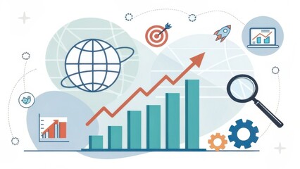A modern illustration depicting growth in business, featuring graphs, a globe, and symbols of strategy and analysis.