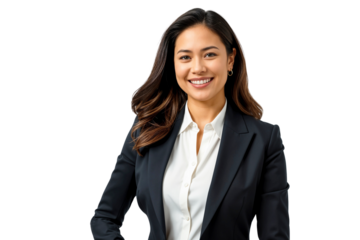 Portrait of a beautiful, smiling businesswoman in suit, isolated on transparent background