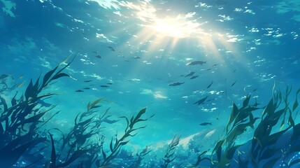 An anime nature background showcasing peaceful underwater sunbeams, creating a serene atmosphere.
