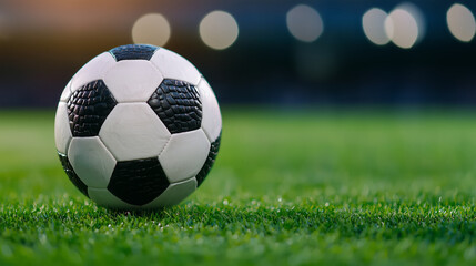 Fototapeta premium soccer ball on field with vibrant grass and blurred stadium lights