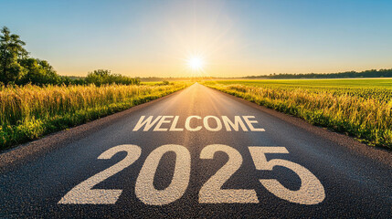 Road with a sun in the sky and the words "welcome to 2025" written on it