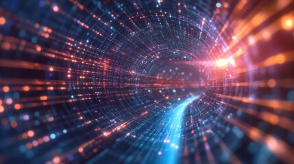 Obraz premium Visualization of quantum supercomputer data transfer, with light particles passing through superconducting circuits
