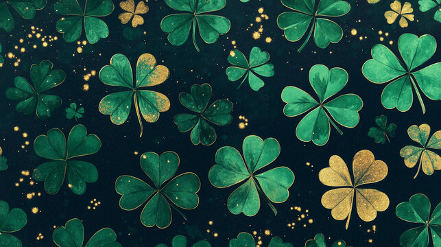 Pattern of green and gold shamrocks on dark background