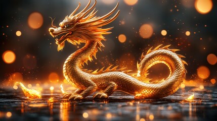 A majestic golden dragon surrounded by glowing embers and a mystical atmosphere.