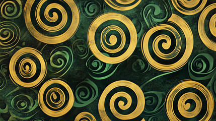 Abstract green and gold swirls: mesmerizing spiral pattern on dark background