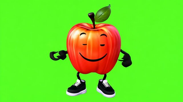 Red apple cartoon character dancing with a cute face jumps for joy on a green screen. Happy fruits rejoices on green background. 3d Animation. Happy Funny Cartoon Apple dance on chroma key backdrop
