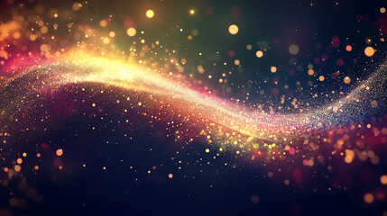 Colorful sparks and glittering wave of light particles against dark background