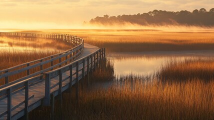 Fototapeta premium Wooden boardwalk winding through marshland in misty morning light
