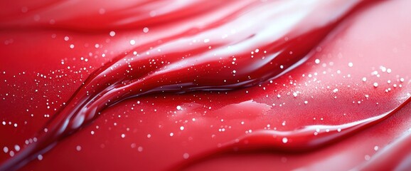 Close-up of red glossy liquid with sparkles.