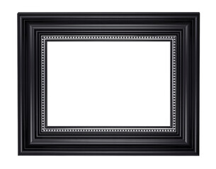Rectangular black wooden picture frame with silver trim for your mockup design, isolated cutout on a transparent background.