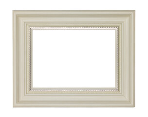 Empty white wooden picture frame with ornament isolated cutout on a transparent background.