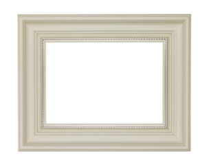 Empty white wooden picture frame with ornament isolated cutout on a transparent background.