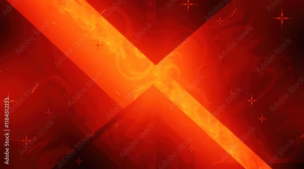 Poster radiant red abstract composition with fiery patterns and star-like elements captured in a dynamic sw