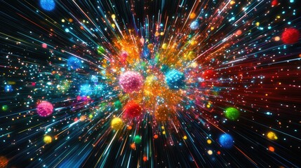 Naklejka premium Quantum mechanics simulation with colorful particle clusters dynamically interacting in a high-tech visualization