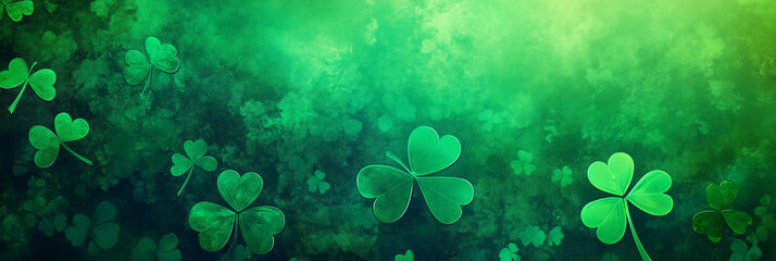 Lush green clover field with abstract shamrock pattern in vibrant green tones