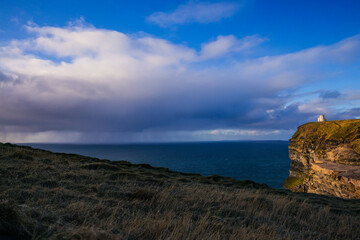 Grass, sky, rain, waves, cloudy, Cliffs of Moher at sunset, Co. Clare, Ireland. Sunse, perfect wallpaper.