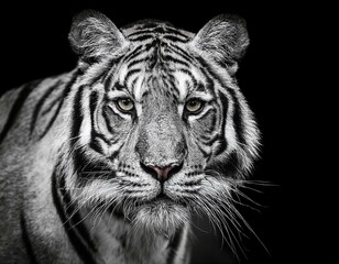 Fototapeta premium black and white adult tiger portrait animal on dark background