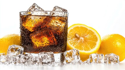Refreshing iced cola drink served with ice cubes and fresh lemon slices, perfect for hot summer days and casual gatherings; a delightful beverage choice for social occasions.