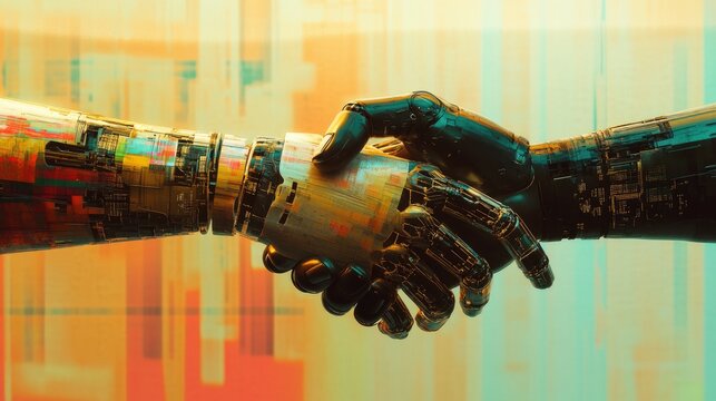 Robot hands shaking each other are depicted in an artistic style, symbolizing innovation, cooperation and futuristic relationships.