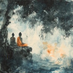 Obraz premium Buddha and monk conceptual art, deep connection, tranquil scenery, Watercolor style