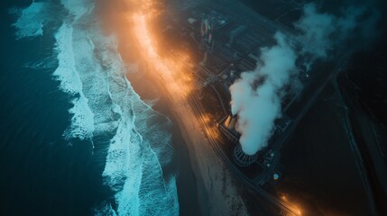 Industrial facility fire ignites along coastal shoreline aerial view dramatic atmosphere environmental impact