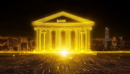 Obraz premium Golden Bank in the Digital Age: A futuristic, glowing bank building silhouette against a cityscape backdrop, symbolizing the evolving nature of financial institutions in the digital age. 