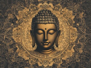 Mandala background with Buddha in the center, intricate patterns in warm tones capturing spiritual harmony