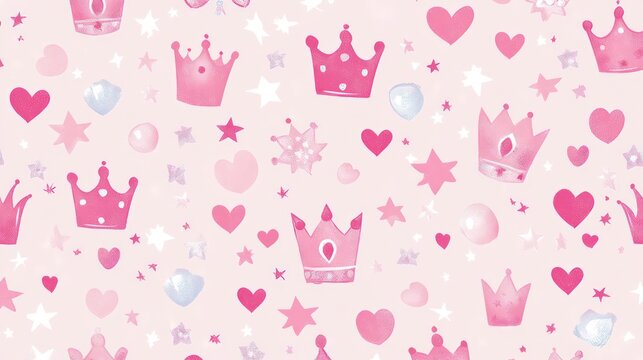 Vector illustration of a pink princess pattern Ideal for baby birthday cards shower invitations children s wallpaper and fabric Charming design featuring stars crowns diamonds and hearts