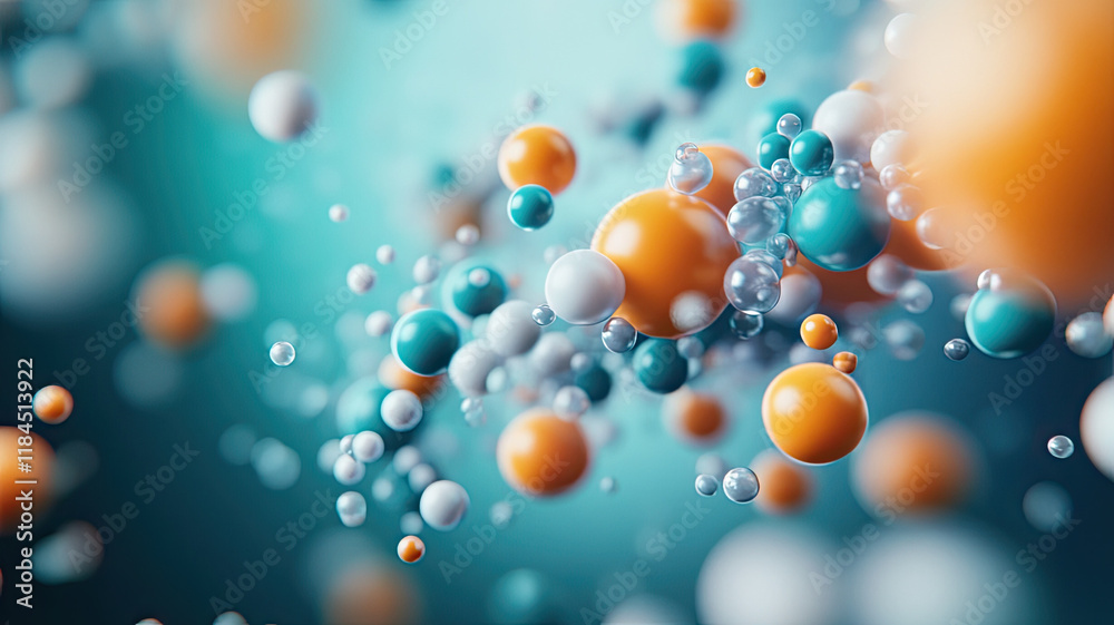 Wall mural colorful abstract molecular structure with floating spheres and bubbles