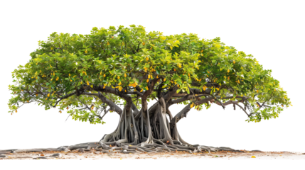 A sacred banyan tree with golden leaves, isolated on white, cut out