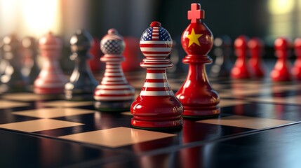 Chessboard with USA and China Flag Pawns Representing Global Political and Economic Competition