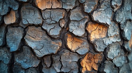 Fototapeta premium Close-up of textured tree bark with cracked, dark gray and orange patterns.
