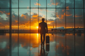 Confident business traveler strides through airport terminal at dramatic sunrise