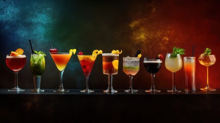 Vibrant Cocktail Collection: A Dramatic, Colorful Display of Mixed Drinks