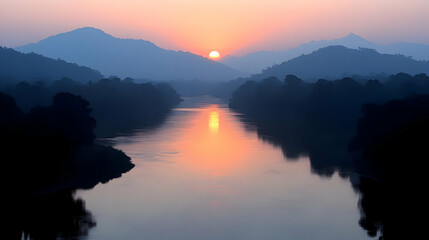 Fototapeta premium Sunset River Landscape Illustration