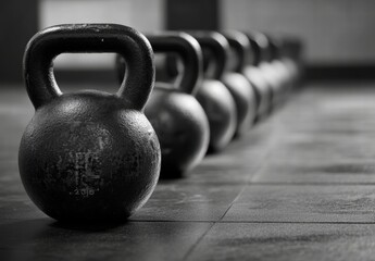 Fototapeta premium A row of kettlebells are lined up on a black and white floor