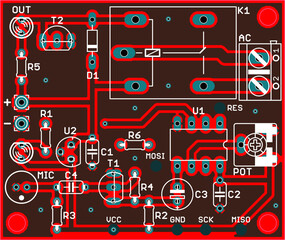 Vector technic printed circuit board of electronic 
device with components of radio elements, 
conductors and contact pads placed on pcb. 
Engineering technical computer cad drawing.