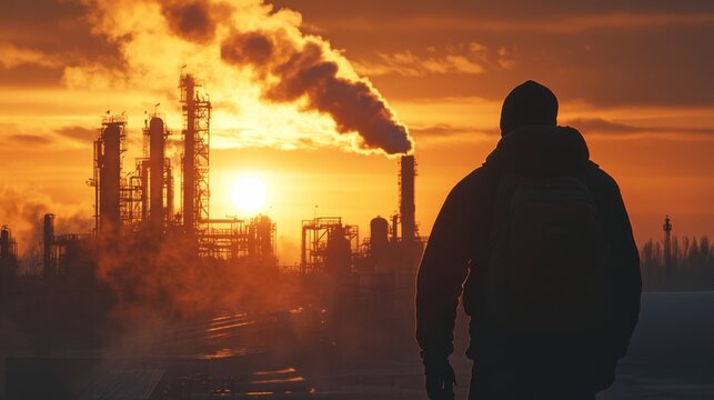 Industrial sunset a silhouette against chimneys oil refinery landscape evening contemplation of progress