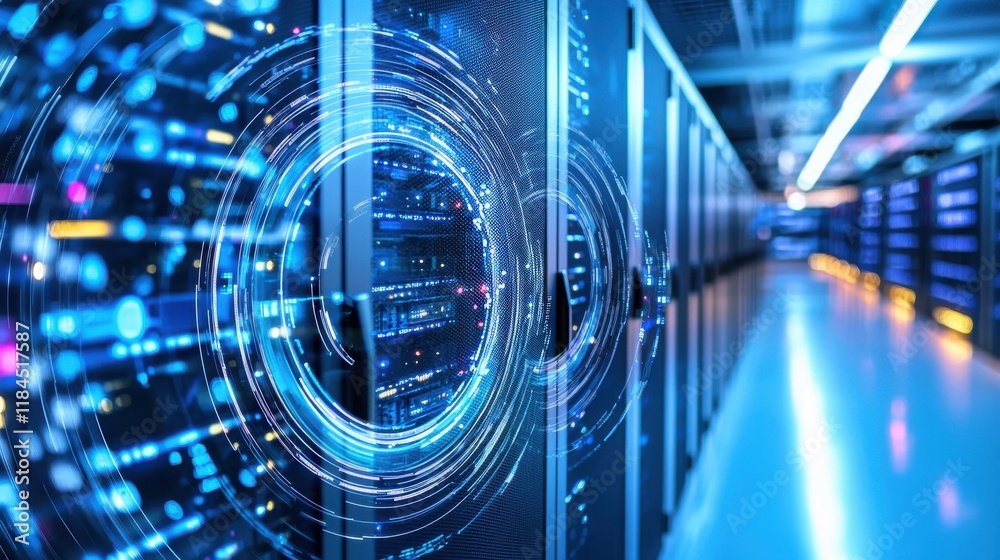 Poster futuristic digital technology network abstract background with bright light tunnel and data flow vis
