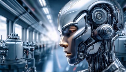 Fototapeta premium The Future is Now: A humanoid robot stands amidst a futuristic factory setting, its metallic exterior gleaming under the harsh light. This image evokes a sense of wonder and anticipation.
