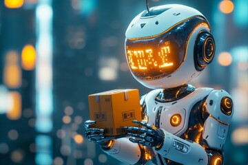 A 3D illustration of a futuristic robot delivering an urgent package in a high-tech urban setting, glowing with digital readouts