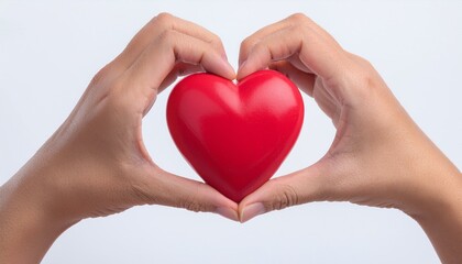Obraz premium Heartfelt Gesture: Two hands gently cradle a vibrant red heart, symbolizing love, care, and compassion. This tender image evokes feelings of warmth and affection.