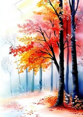 Captivating watercolor painting showcasing trees adorned with colorful leaves.
