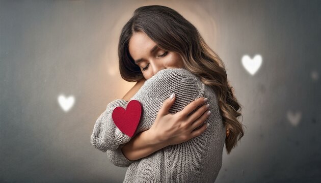 Self-Love and Serenity: A woman embraces herself with gentle tenderness, a red heart symbolizing self-acceptance and inner peace.