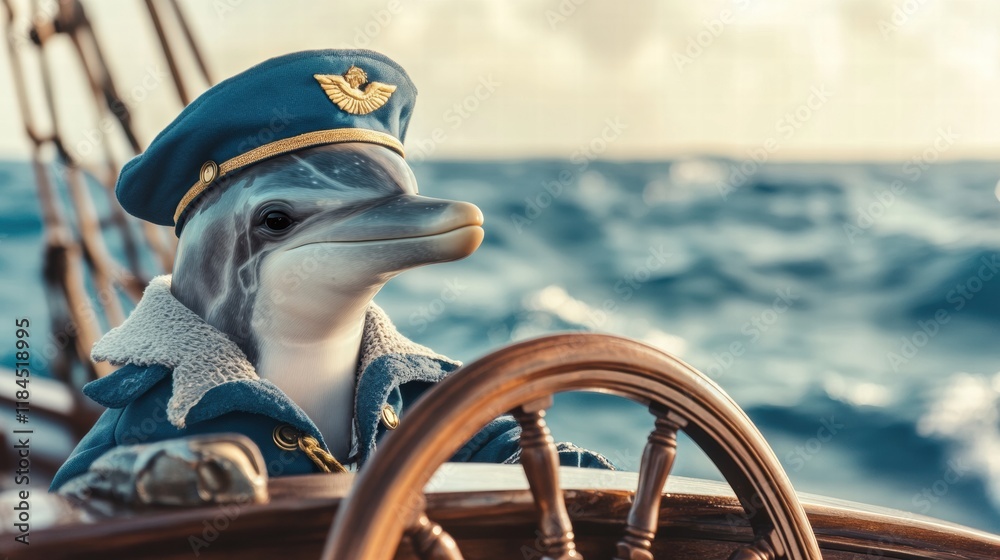 Poster dolphin dressed as a ship captain navigates the ocean with determination and joy during a sunny day 