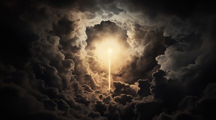 Fototapeta premium A radiant beam of light pierces through dark, swirling clouds, creating a dramatic contrast between light and shadow.