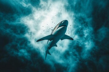 A breathtaking view of a shark gliding through the water, surrounded by smaller fish in a dramatic underwater scene